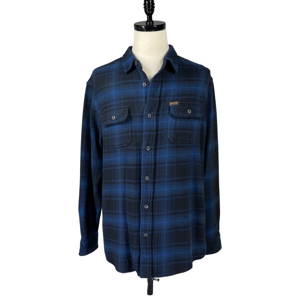 Orvis Mens Large Blue Black Plaid Heavyweight Cotton Twill Flannel Shirt Jacket